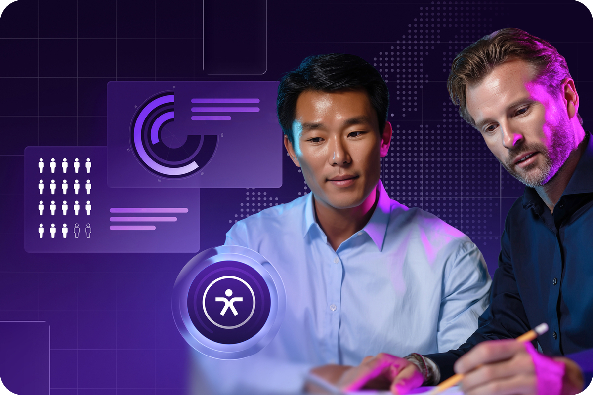 Two people collaborating at a desk in front of a purple-toned background with digital analytics graphics. An accessibility icon is displayed in the foreground.